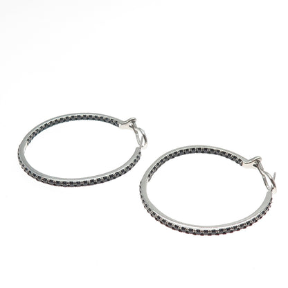 925 Sterling Silver Real Round-Cut Black Spinel In & Out Hoop Earrings