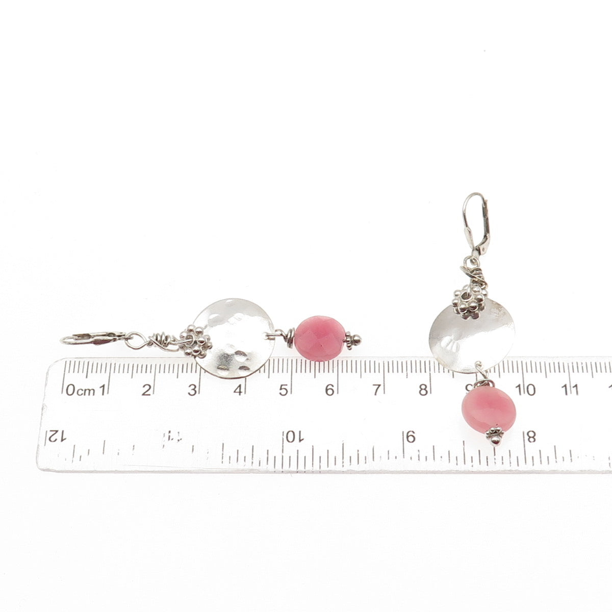 925 Sterling Silver Vintage Real Pink Agate Modernist Disc Dangle Earrings