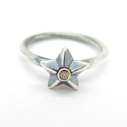 PANDORA 925 Sterling Silver / 14K Real White Diamond Stella Star Ring Size 7.75