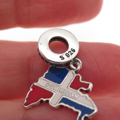 925 Sterling Silver C Z & Enamel Dominican Republic Flag / Map Dangle Charm