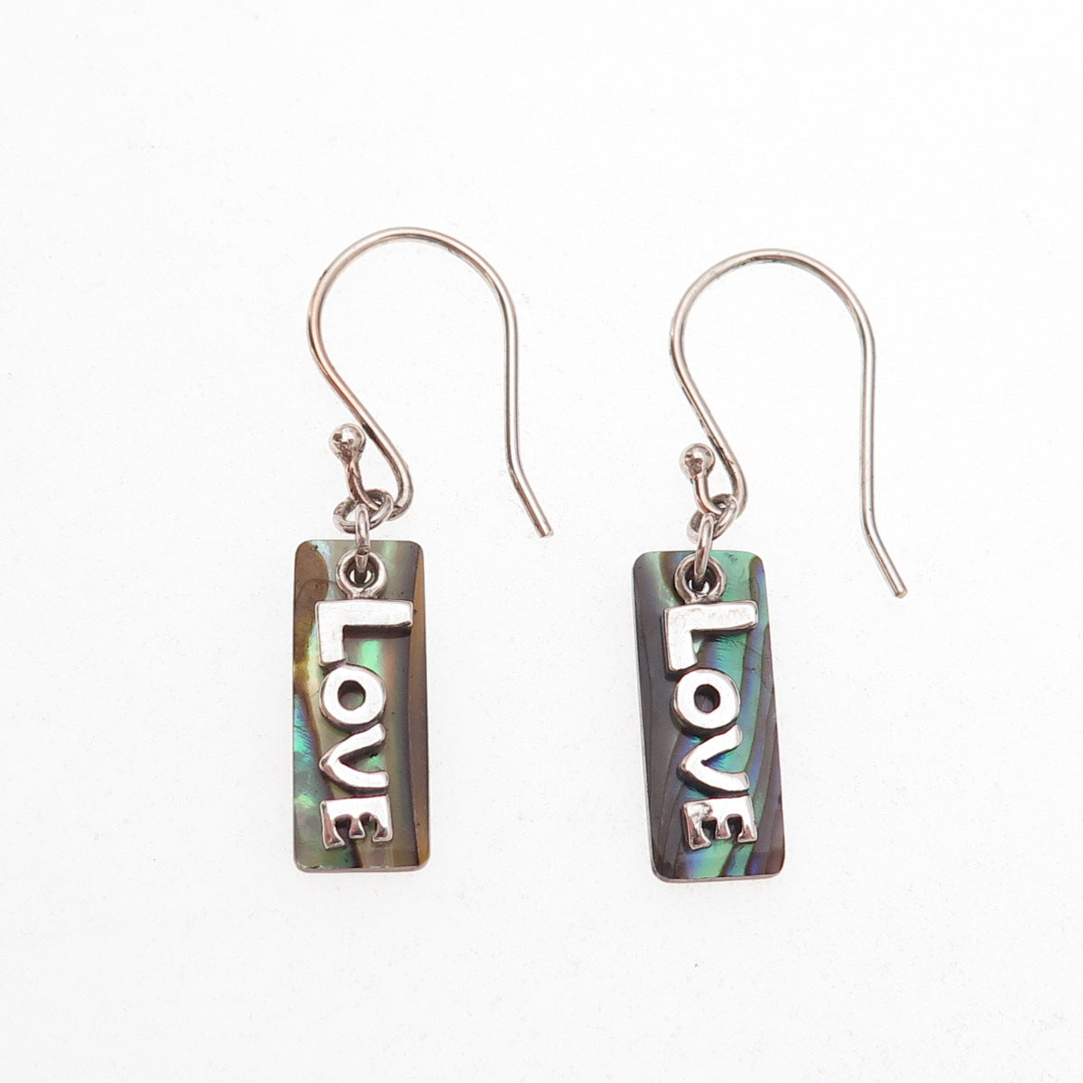 925 Sterling Silver Vintage Real Abalone Shell Love Dangle Earrings