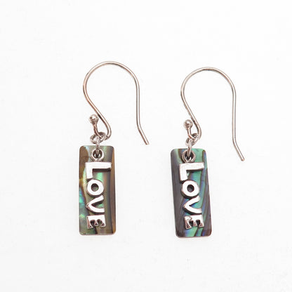 925 Sterling Silver Vintage Real Abalone Shell Love Dangle Earrings
