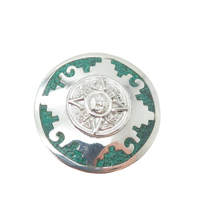 925 Sterling Silver Vintage Mexico Real Turquoise Inlay Mayan Sun Brooch Pendant