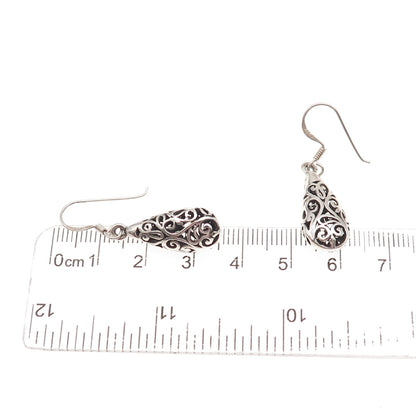 925 Sterling Silver Vintage Floral Scroll Teardrop Oxidized Dangle Earrings