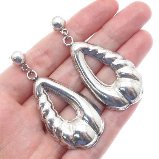 925 Sterling Silver Vintage Mexico Modernist Puffy Teardrop Dangle Earrings