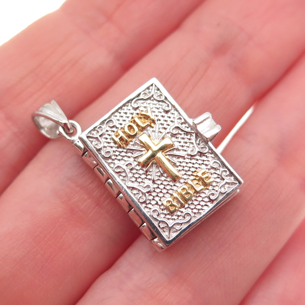 925 Sterling Silver 2-Tone Holy Bible Locket Mini Charm Pendant