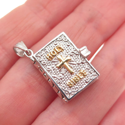 925 Sterling Silver 2-Tone Holy Bible Locket Mini Charm Pendant