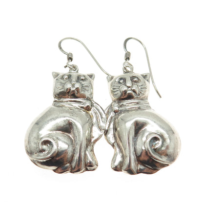 925 Sterling Silver Vintage Cat Puffy Drop 3D Earrings