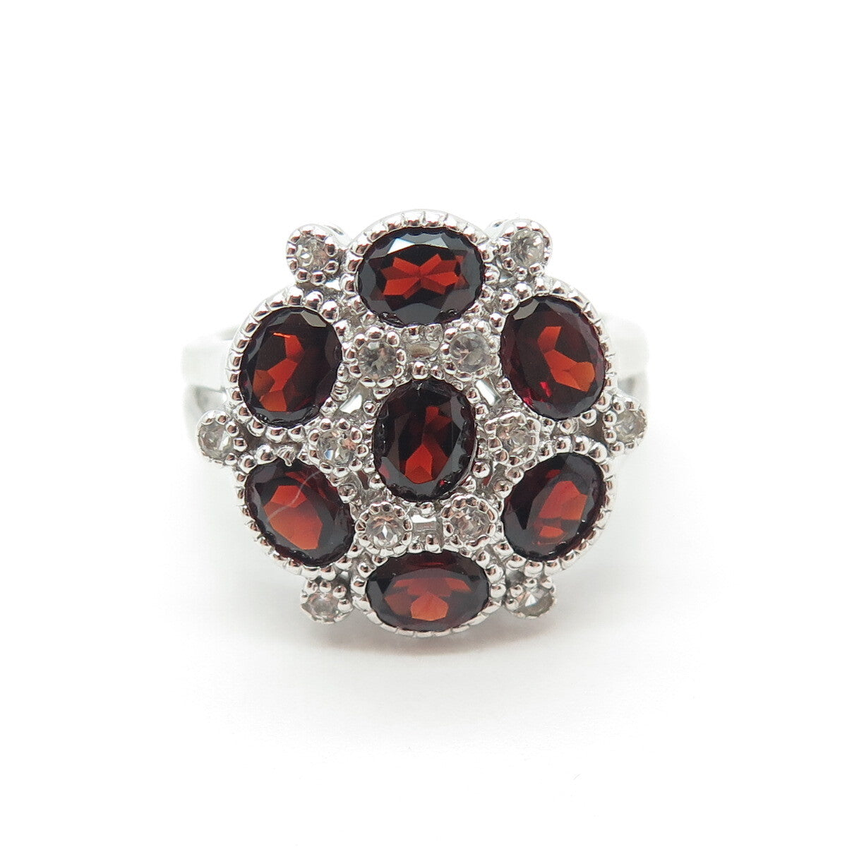 925 Sterling Silver Real White Topaz & Red Garnet Gemstone Ring Size 7.25
