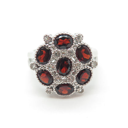 925 Sterling Silver Real White Topaz & Red Garnet Gemstone Ring Size 7.25