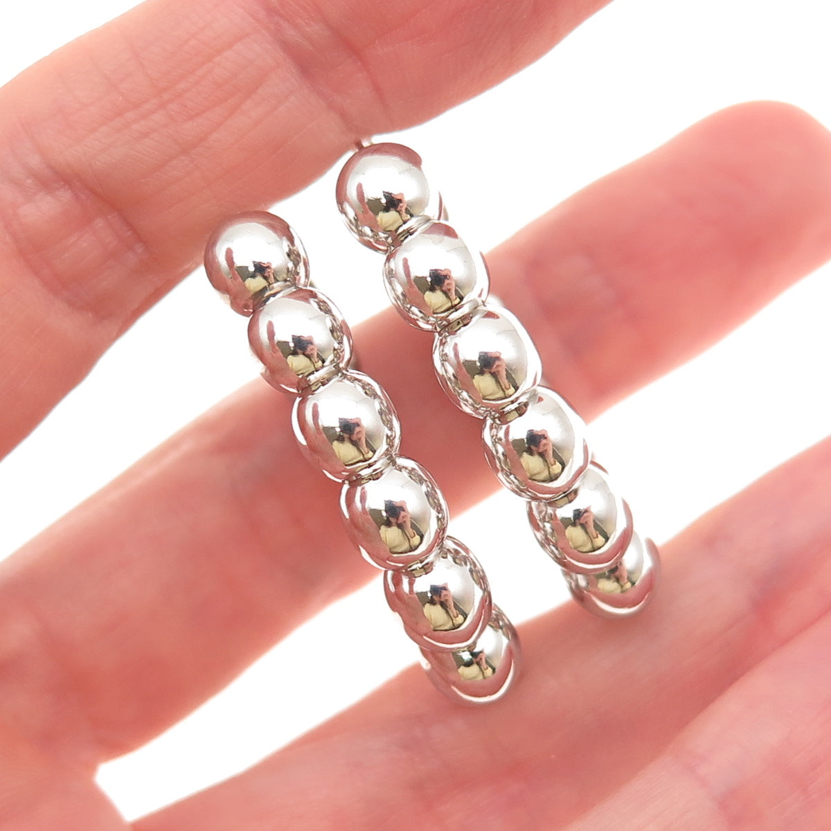 925 Sterling Silver Italy Ball Beaded Oval Hoop Earrings