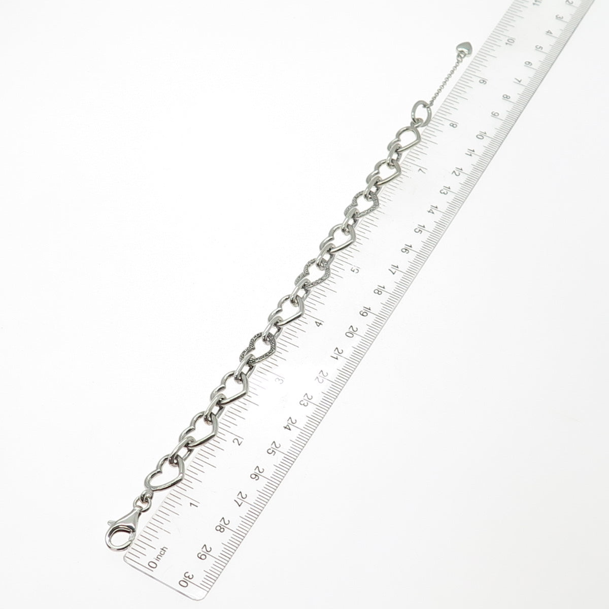 925 Sterling Silver Real Round-Cut Diamond Heart Link Bracelet 7.5"