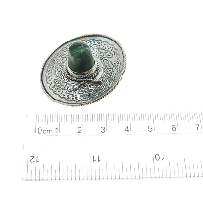 925 Sterling Silver Vintage Mexico Real Jade Sombrero Hat Oxidized Pin Brooch