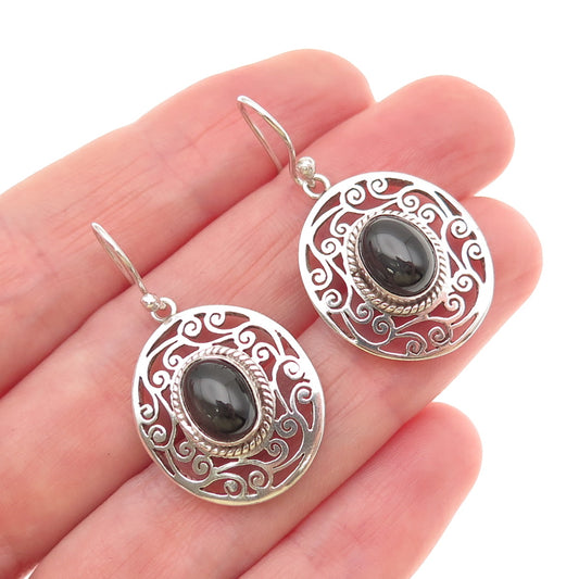 925 Sterling Silver Vintage Real Black Onyx Swirl Earrings
