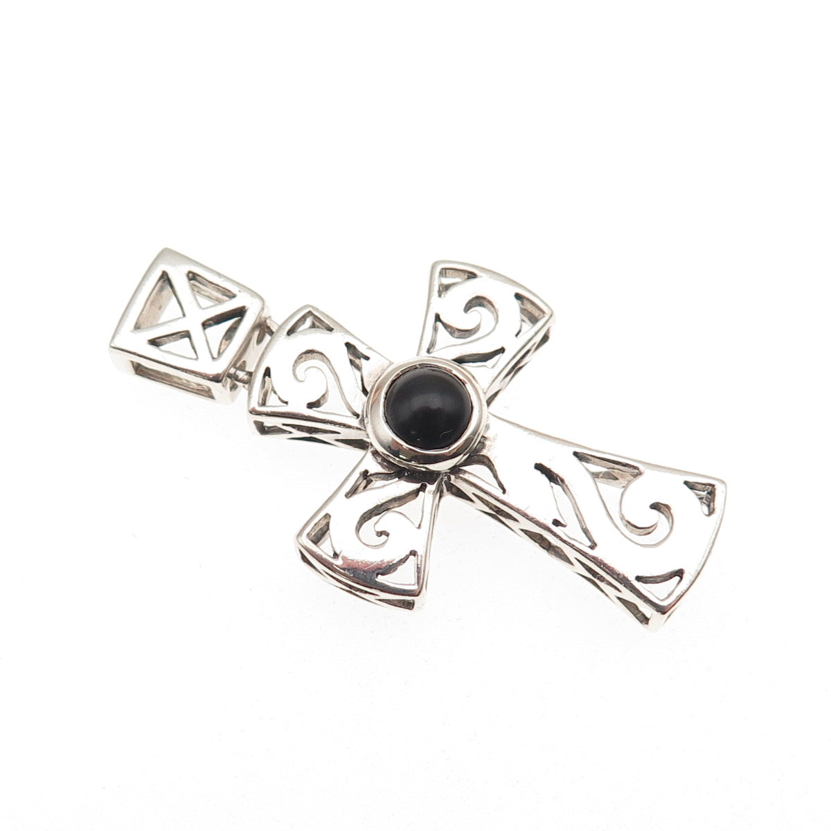 925 Sterling Silver Vintage Real Black Onyx Spiral Cross Charm Pendant