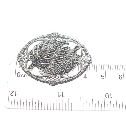 925 Sterling Silver Antique Art Deco Real Marcasite Gem Floral Leaf Pin Brooch