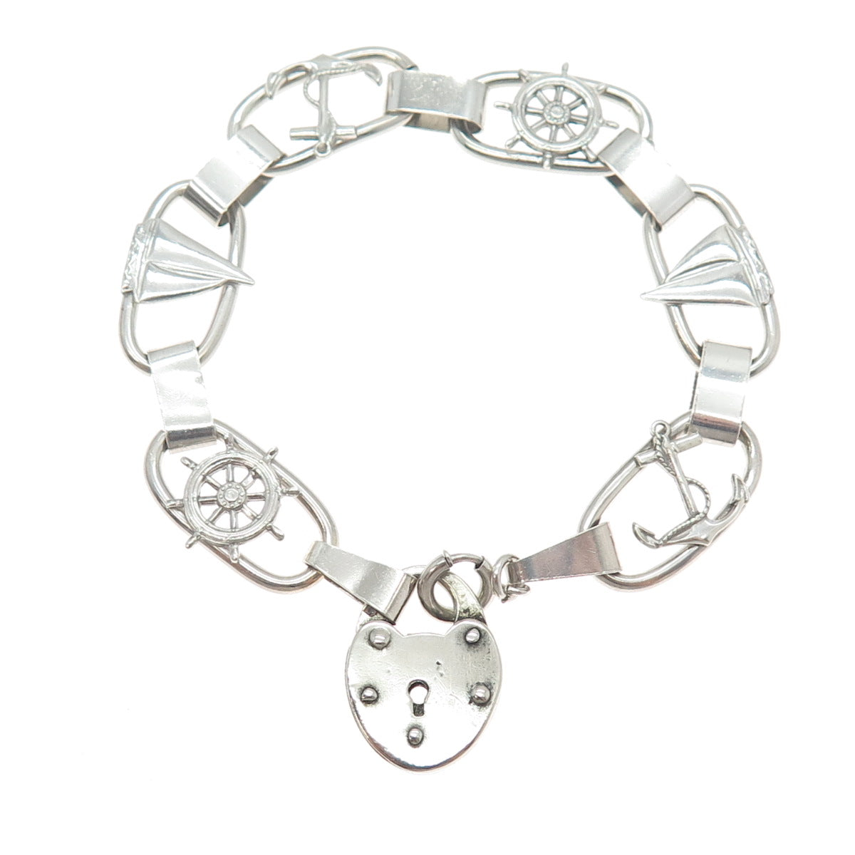 925 Sterling Silver Antique Heart Padlock Sailboat Wheel & Anchor Bracelet 7.25"