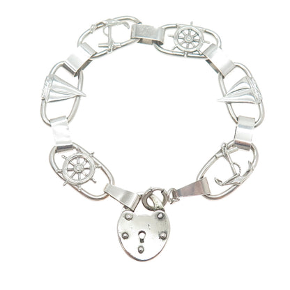 925 Sterling Silver Antique Heart Padlock Sailboat Wheel & Anchor Bracelet 7.25"