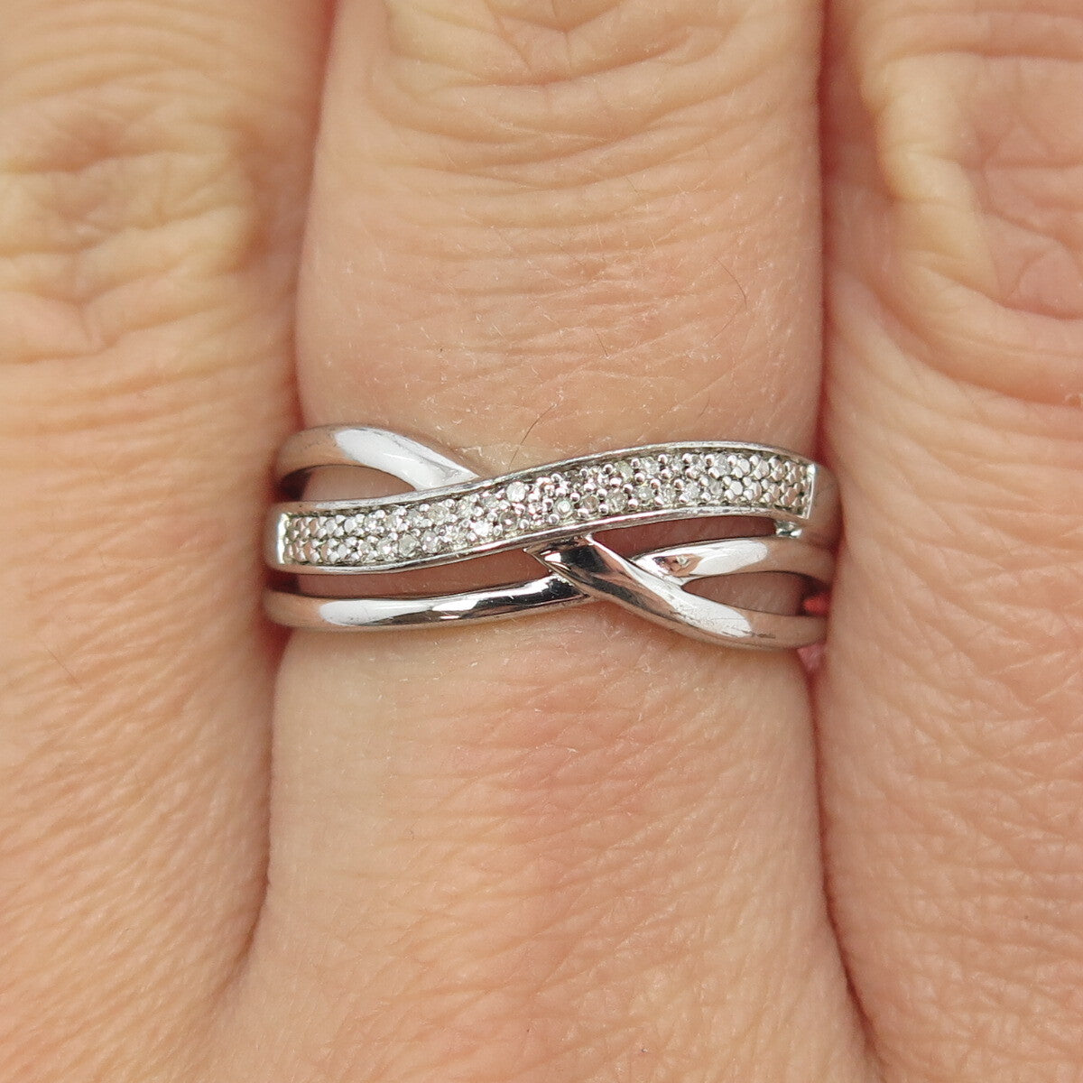 SUN 925 Sterling Silver Real Round-Cut Diamond Crisscross Ring Size 7