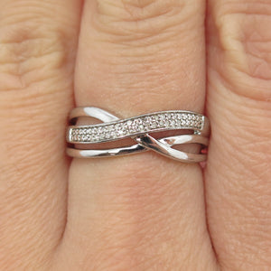 SUN 925 Sterling Silver Real Round-Cut Diamond Crisscross Ring Size 7