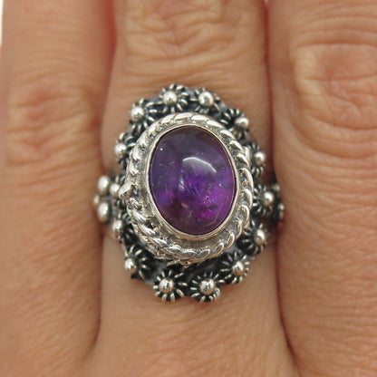 925 Sterling Silver Vintage Mexico Amethyst Poison Adjustable Ring Size 9.75