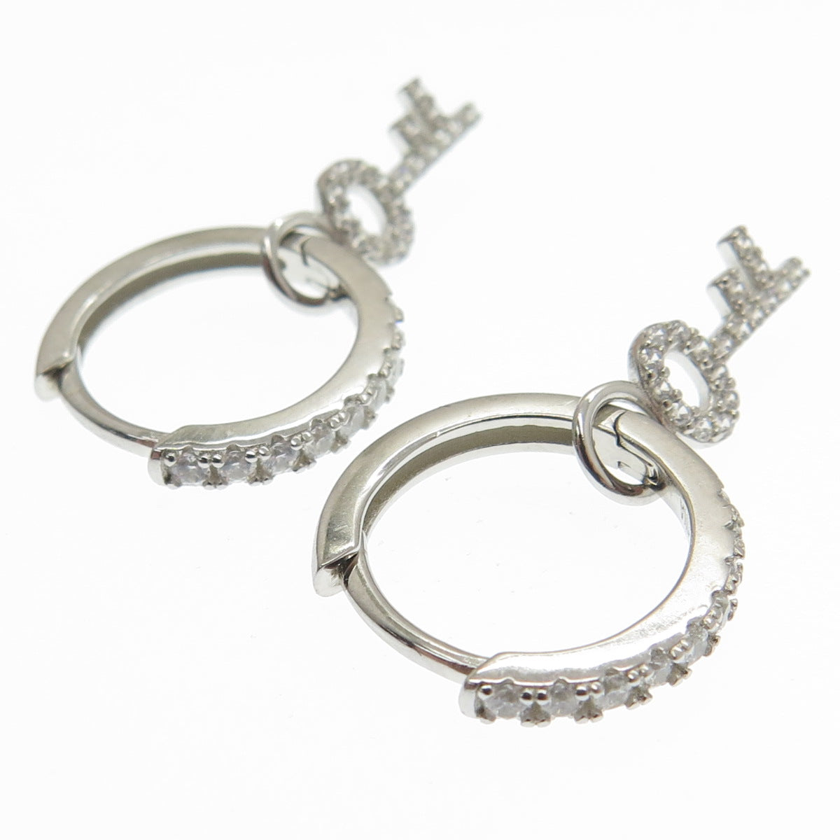 HAN 925 Sterling Silver Round-Cut C Z Key Charm Hoop Earrings