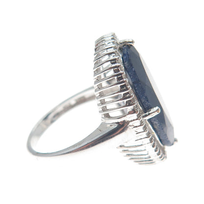 925 Sterling Silver Real Round-Cut Diamond & Oval-Cut Sapphire Ring Size 6.75