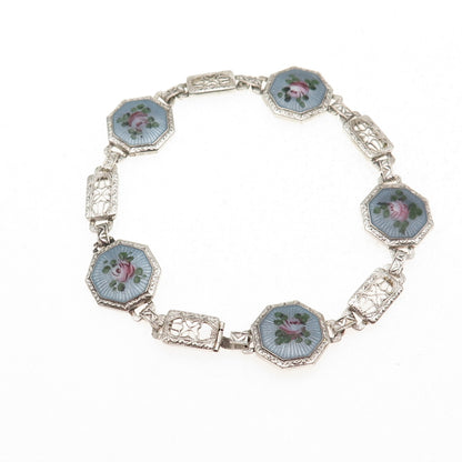 925 Sterling Antique Art Deco Enamel Floral Filigree Bracelet 7.25" missing lock
