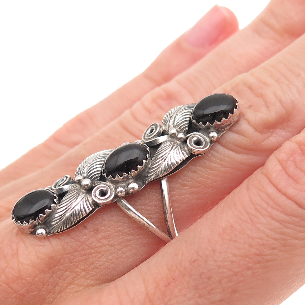 Old Pawn 925 Sterling Silver Vintage Black Onyx Feather Statement Ring Size 7.25