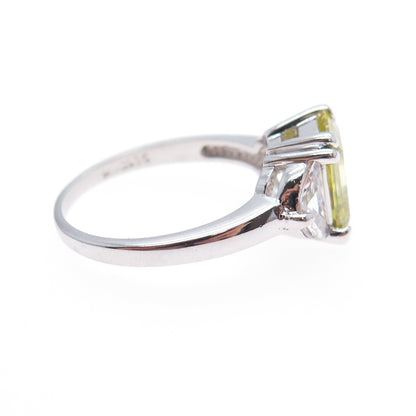 925 Sterling Silver Emerald-Cut Canary & White C Z Ring Size 9