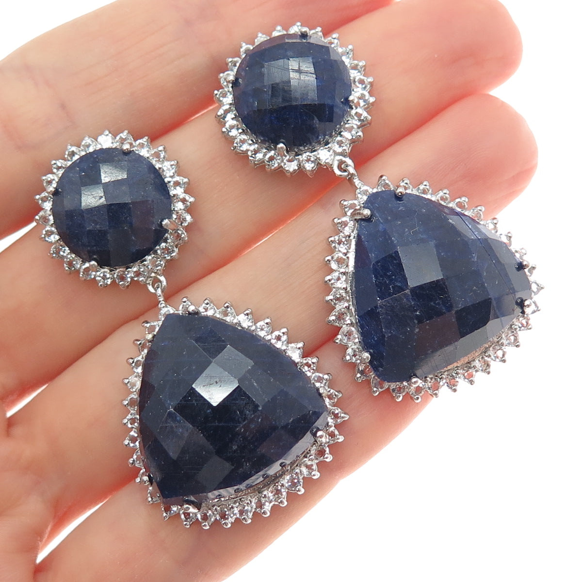 925 Sterling Silver Real Sapphire & White Topaz Dangle Earrings