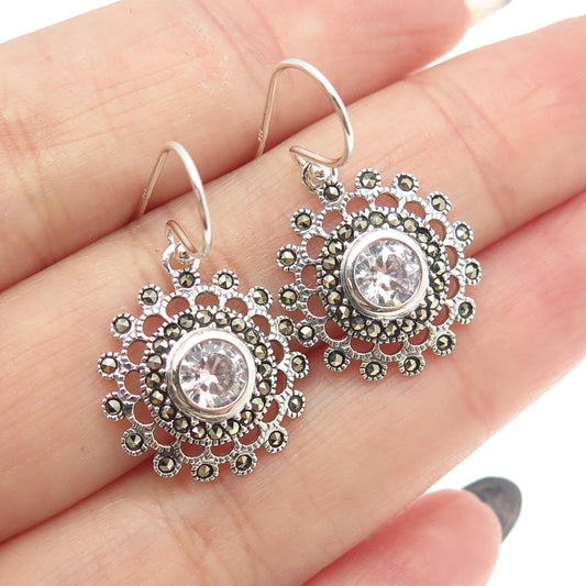 925 Sterling Silver Real Marcasite & Round-Cut C Z Floral Dangling Earrings