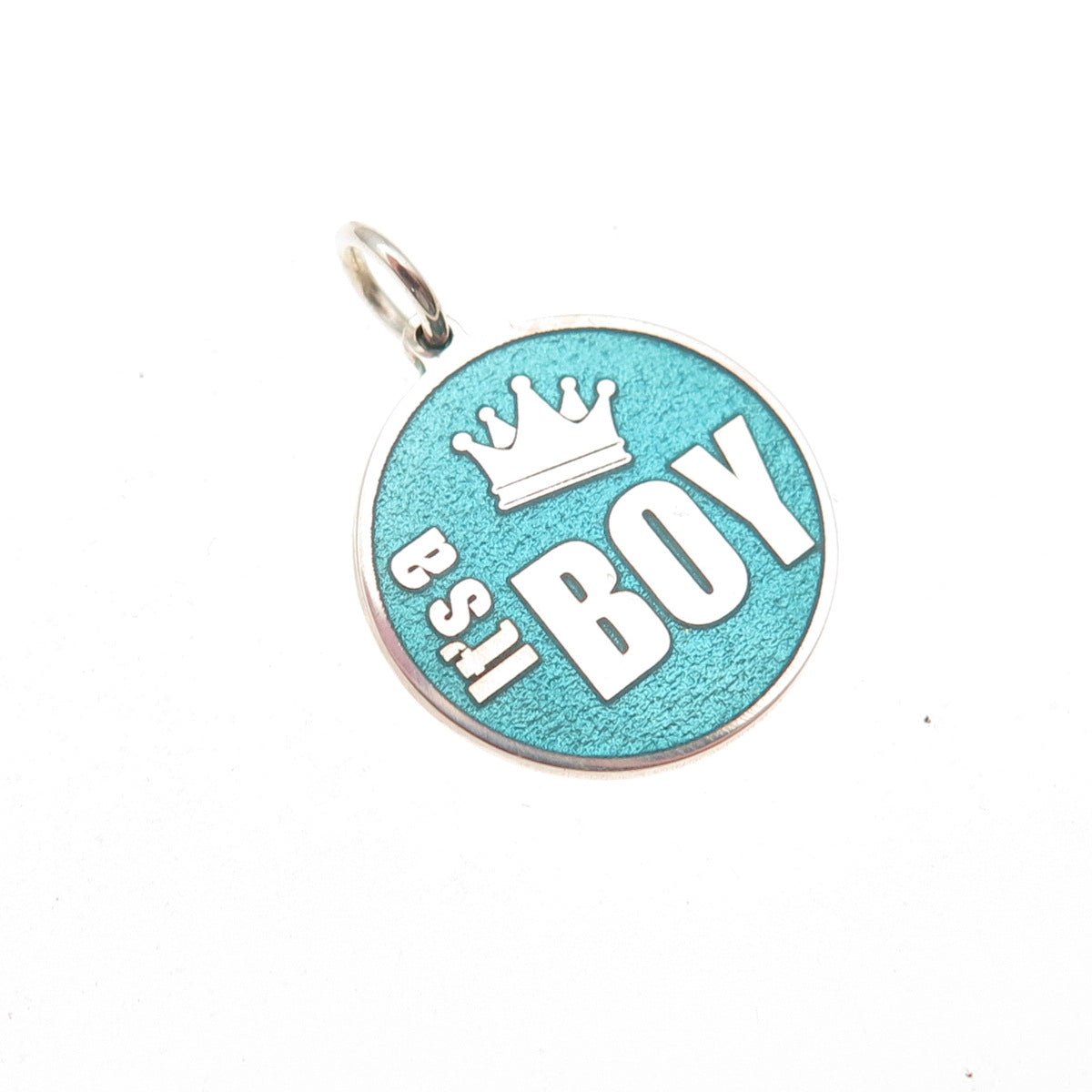 925 Sterling Silver Turquoise Enamel It's a Boy Round Tag Mini Charm Pendant