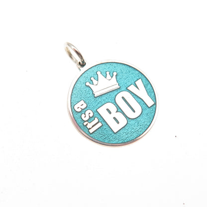 925 Sterling Silver Turquoise Enamel It's a Boy Round Tag Mini Charm Pendant