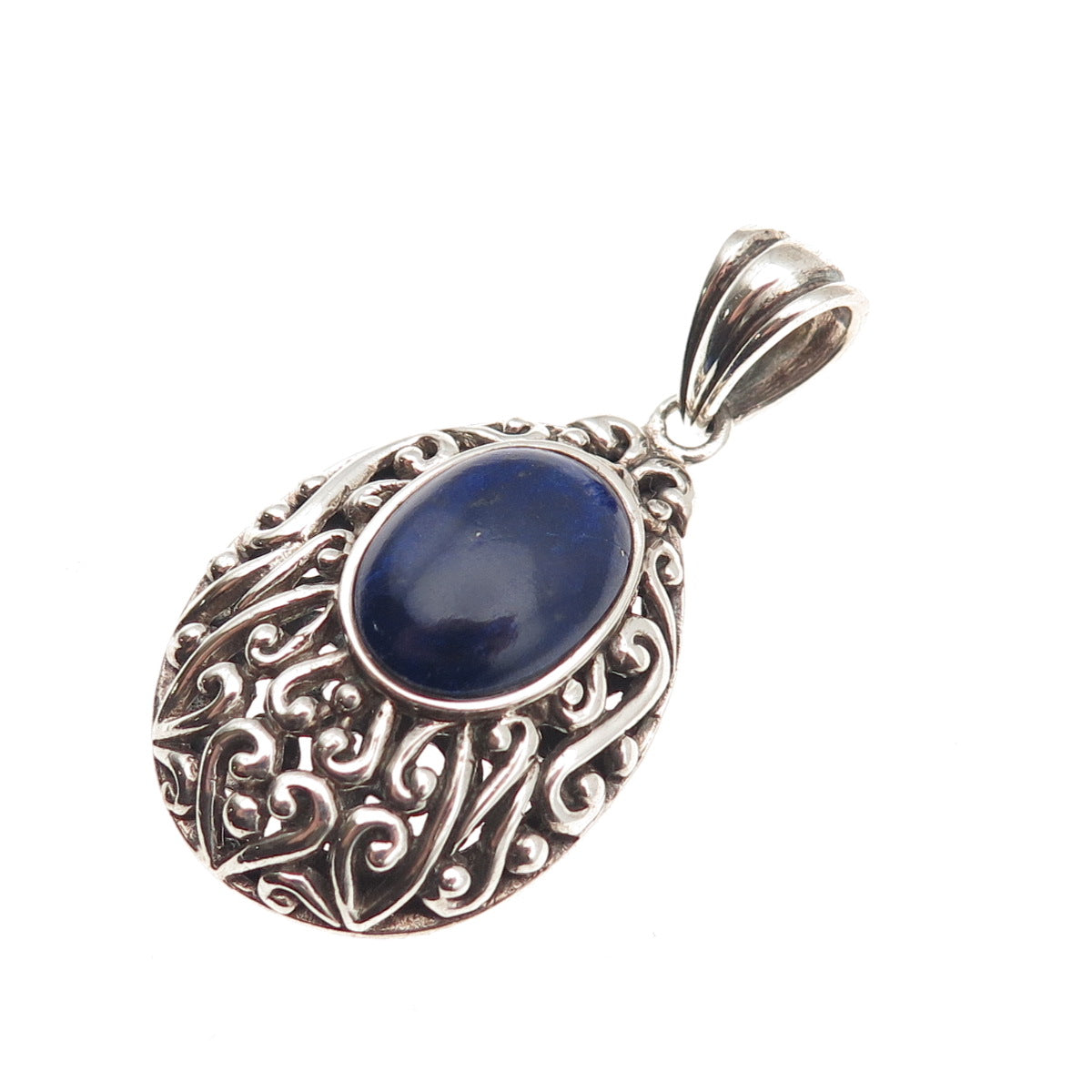 925 Sterling Silver Vintage Real Lapis Scroll Teardrop Oxidized Pendant