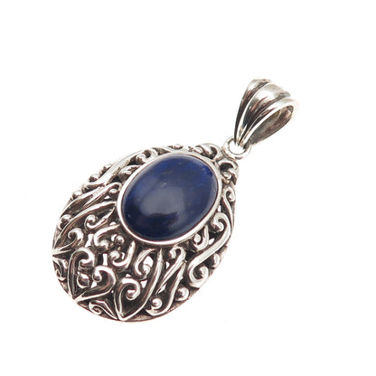 925 Sterling Silver Vintage Real Lapis Scroll Teardrop Oxidized Pendant