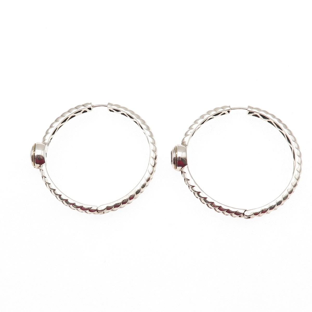 Effy BH 925 Sterling Silver 18K Gold Real Red Garnet Braided Hoop Earrings