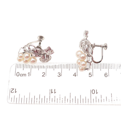 925 Sterling Antique Art Deco Real Akoya Pearl Floral Screw Back Earrings