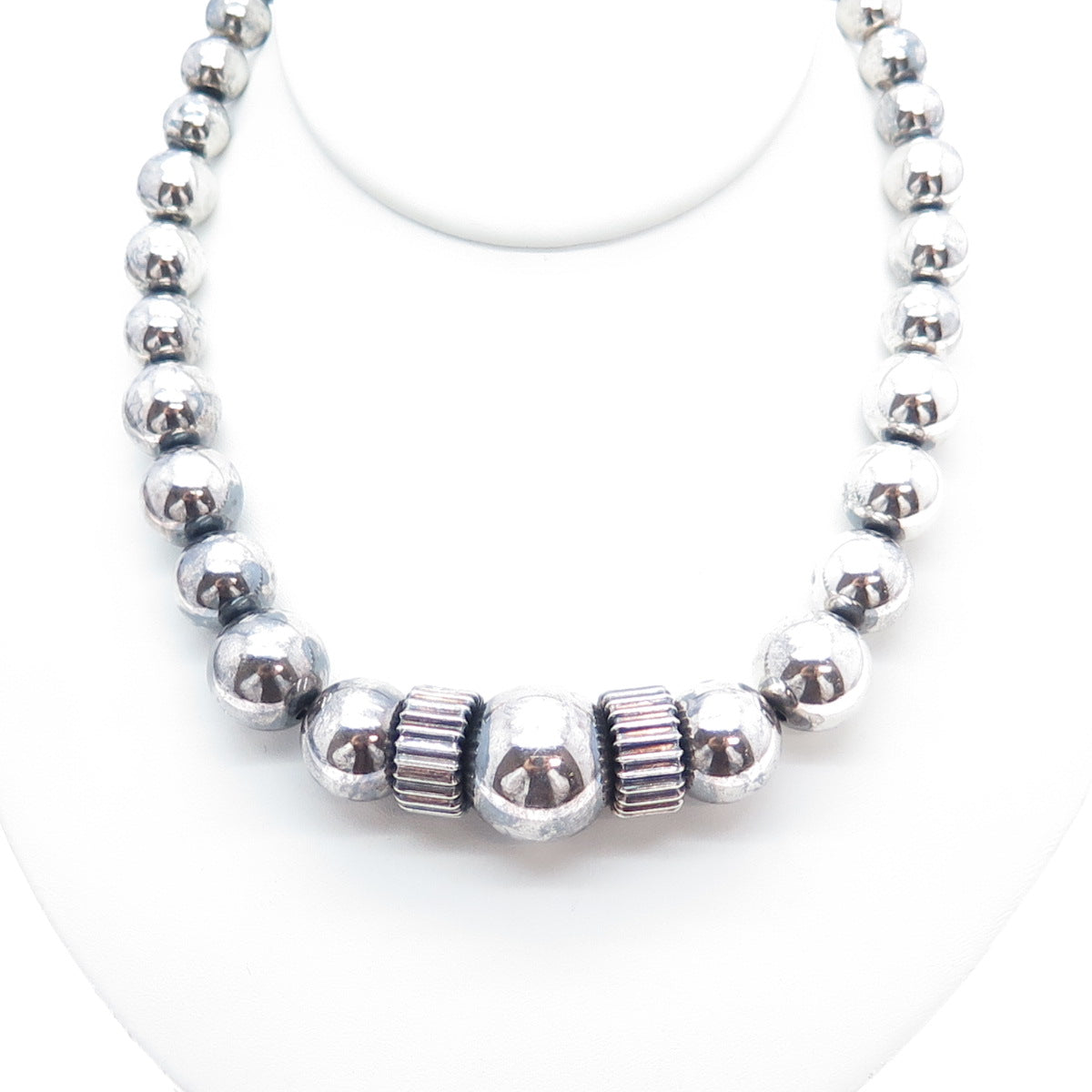 925 Sterling Silver Vintage Modernist Oxidized Beaded Chain Necklace 18"