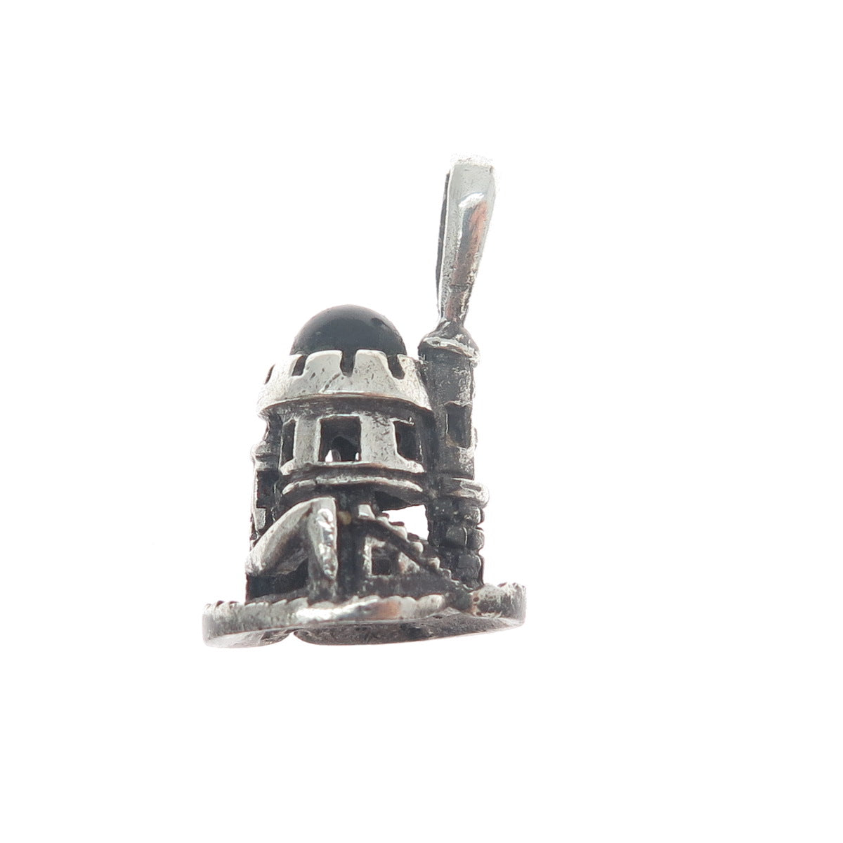 925 Sterling Silver Vintage Onyx Tower of David Oxidized Mini 3D Charm Pendant