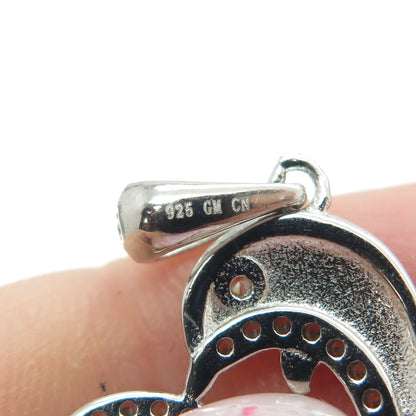 925 Sterling Silver Round-Cut C Z Dolphin Heart Pendant
