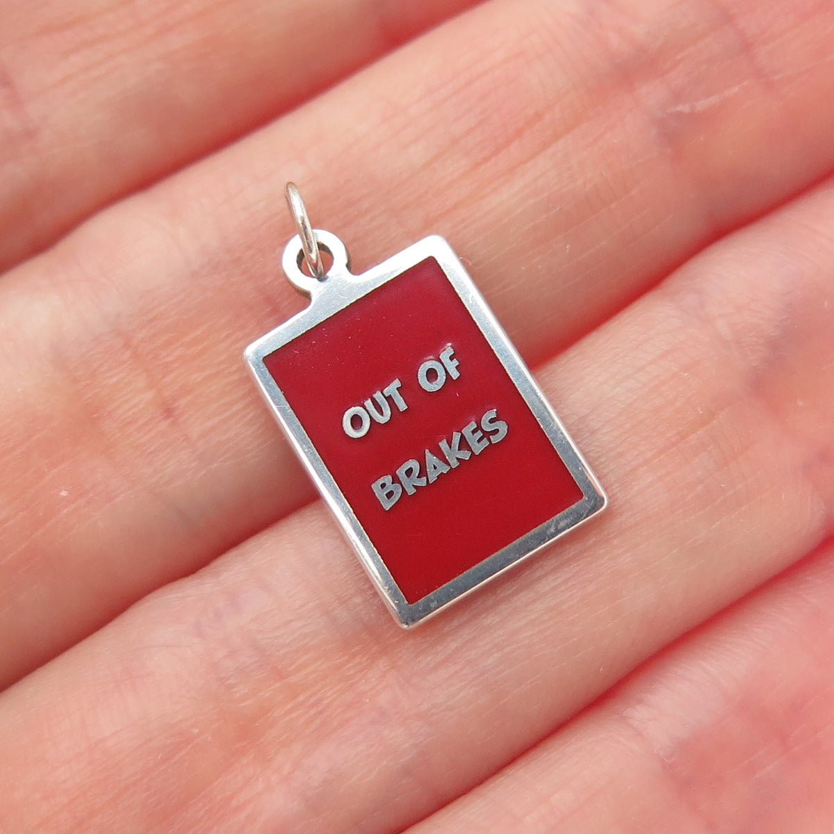 925 Sterling Silver Red Enamel Out Of Brakes Minimalist Charm Pendant
