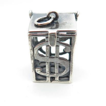 925 Sterling Silver Vintage Dollar Sign Box Locket 3D Pendant