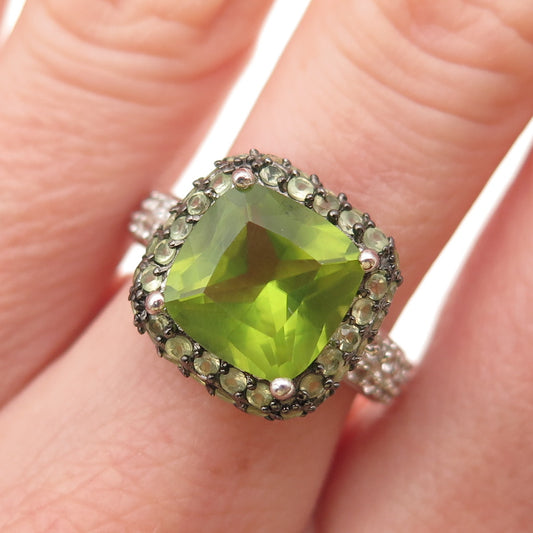 925 Sterling Silver Real Cushion & Round-Cut Peridot White Topaz Ring Size 7.25