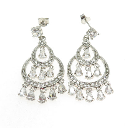 925 Sterling Silver Round-Cut & Pear-Cut Shaped C Z Chandelier Earrings