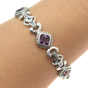925 Sterling Silver Real Cushion-Cut Amethyst & Aquamarine Bracelet 7.25"