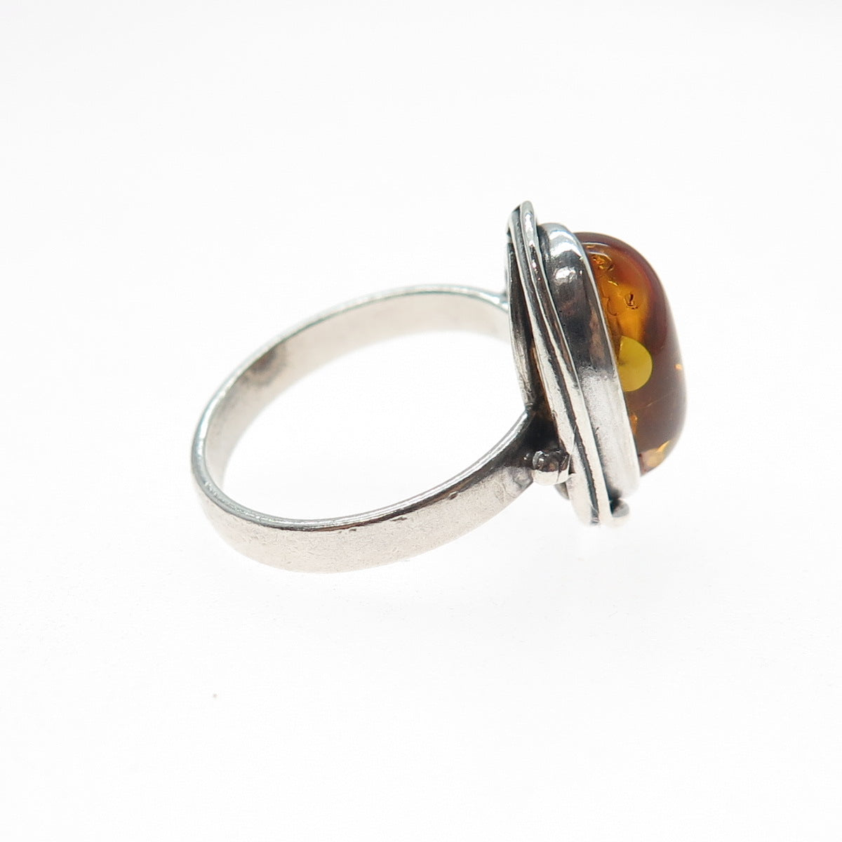 W. Kruk 925 Sterling Silver Vintage Poland Real Amber Modernist Ring Size 7