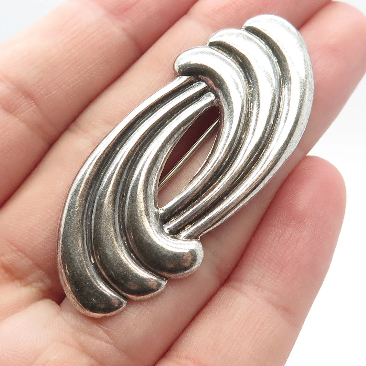 925 Sterling Silver Vintage Ribbed Modernist Pin Brooch