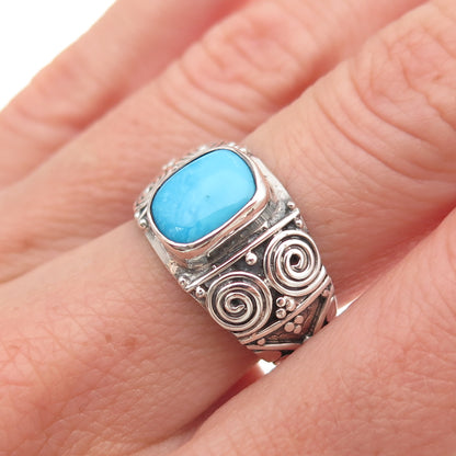 925 Sterling Silver Vintage Real Turquoise Spiral Oxidized Ring Size 6.75