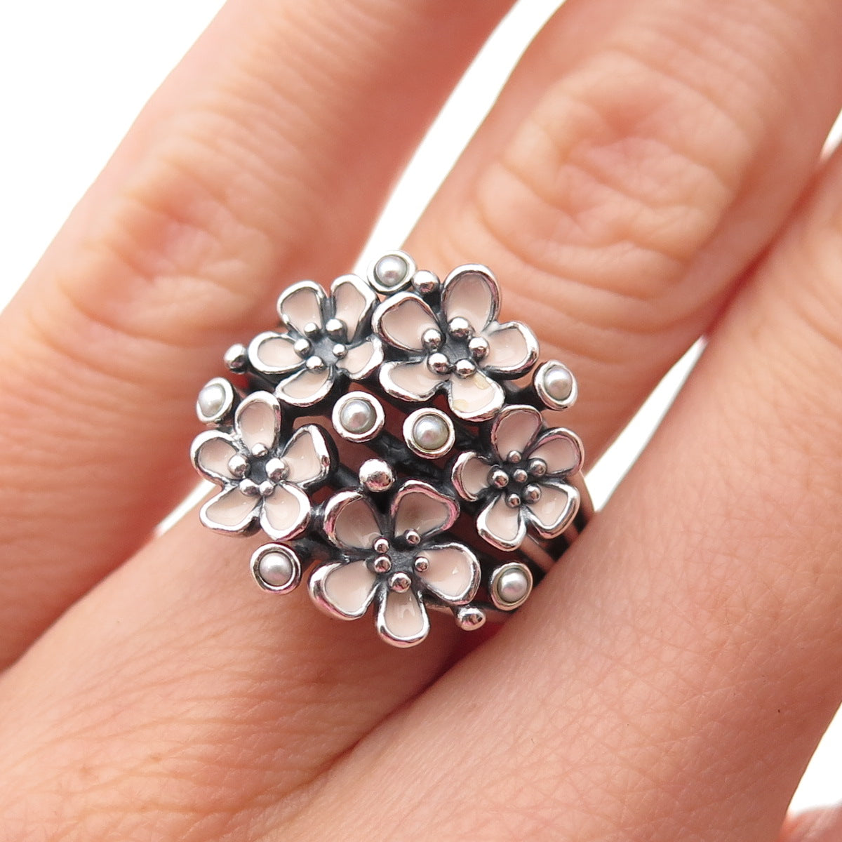 Pandora 925 Sterling Silver Enamel Real Pearl Cherry Blossom Bouquet Ring Size 6